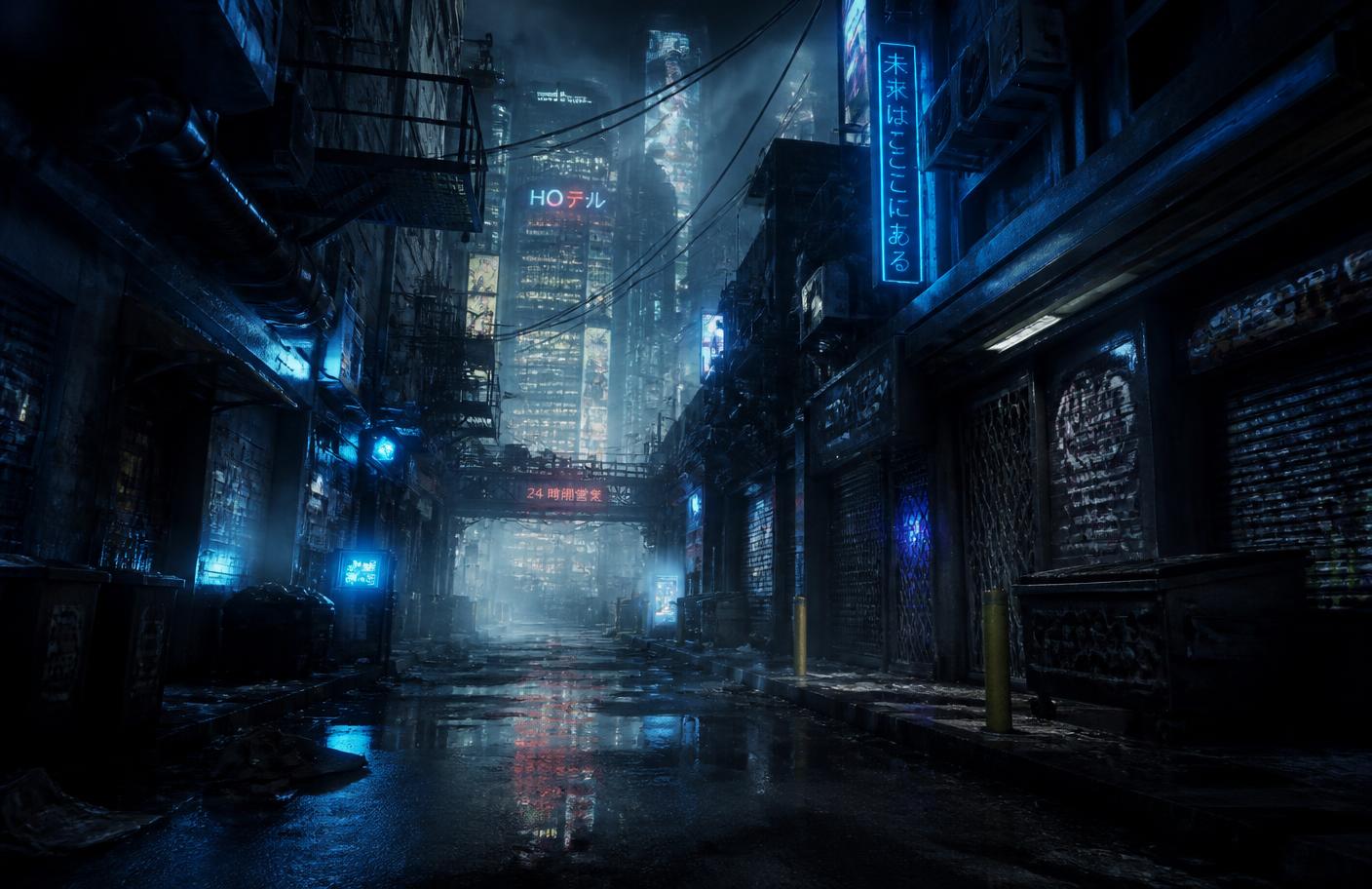 Rain-soaked neon alley environment rendered in real time