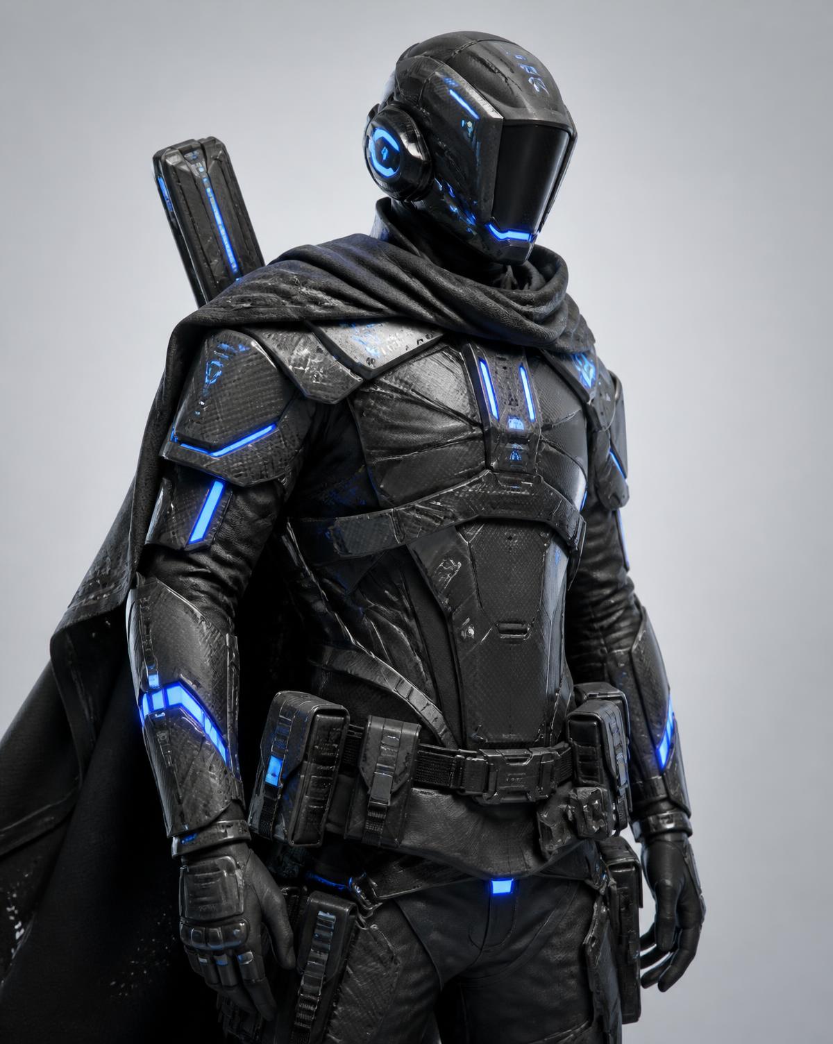 High-fidelity 3D render of an armored sci-fi scout character with emissive blue trim