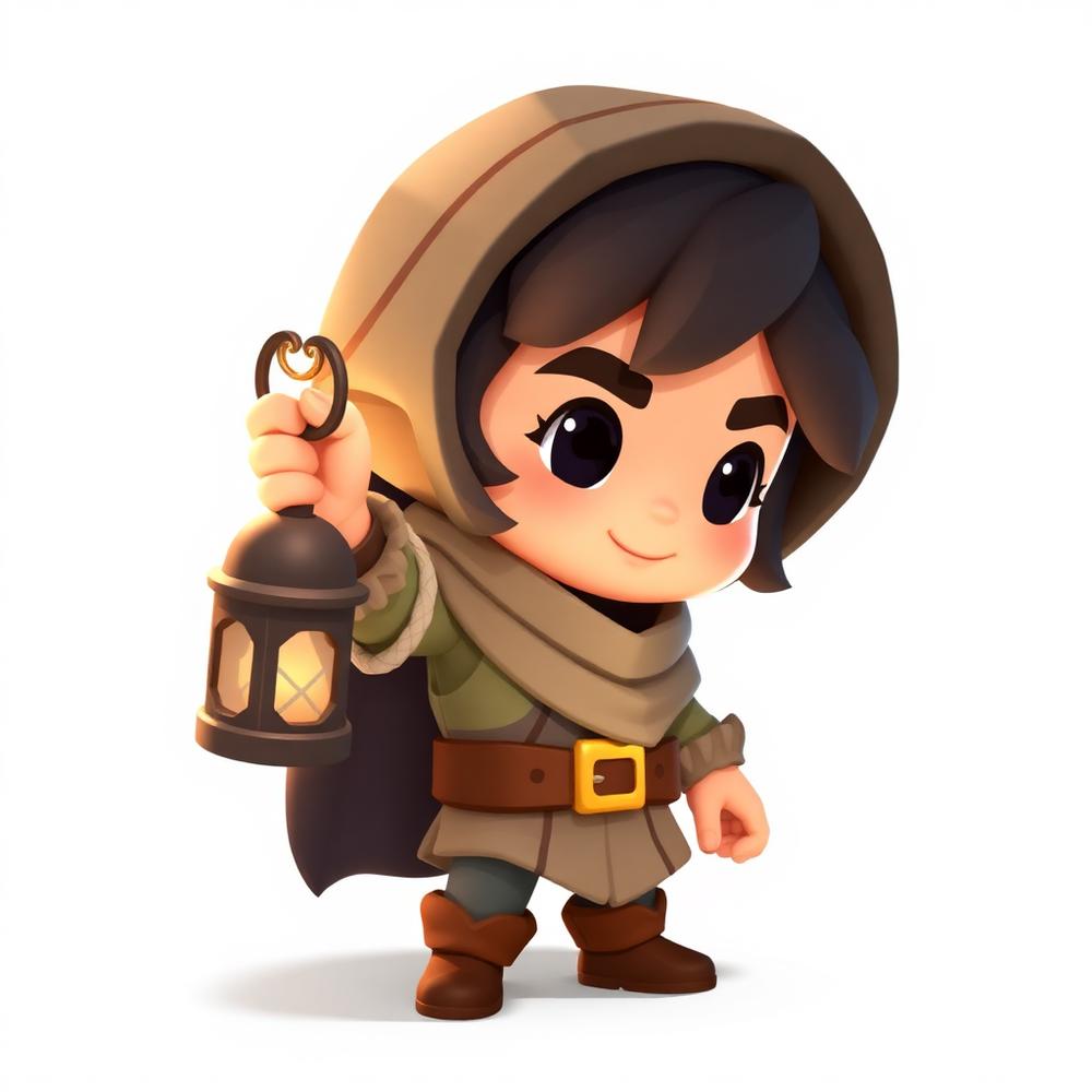 Stylized low-poly mobile game character holding a lantern